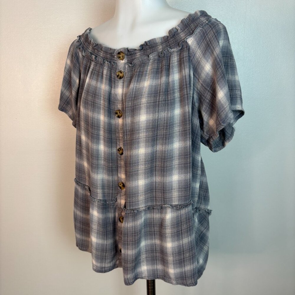 Maurices Top XL Gray Plaid Off-the-Shoulder Button Short Sleeve‎ Blouse Women's - Picture 3 of 12